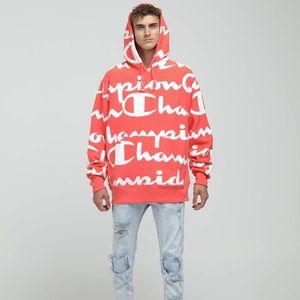 SOLD.  Champion All Over Print Hoodie, Papaya XL